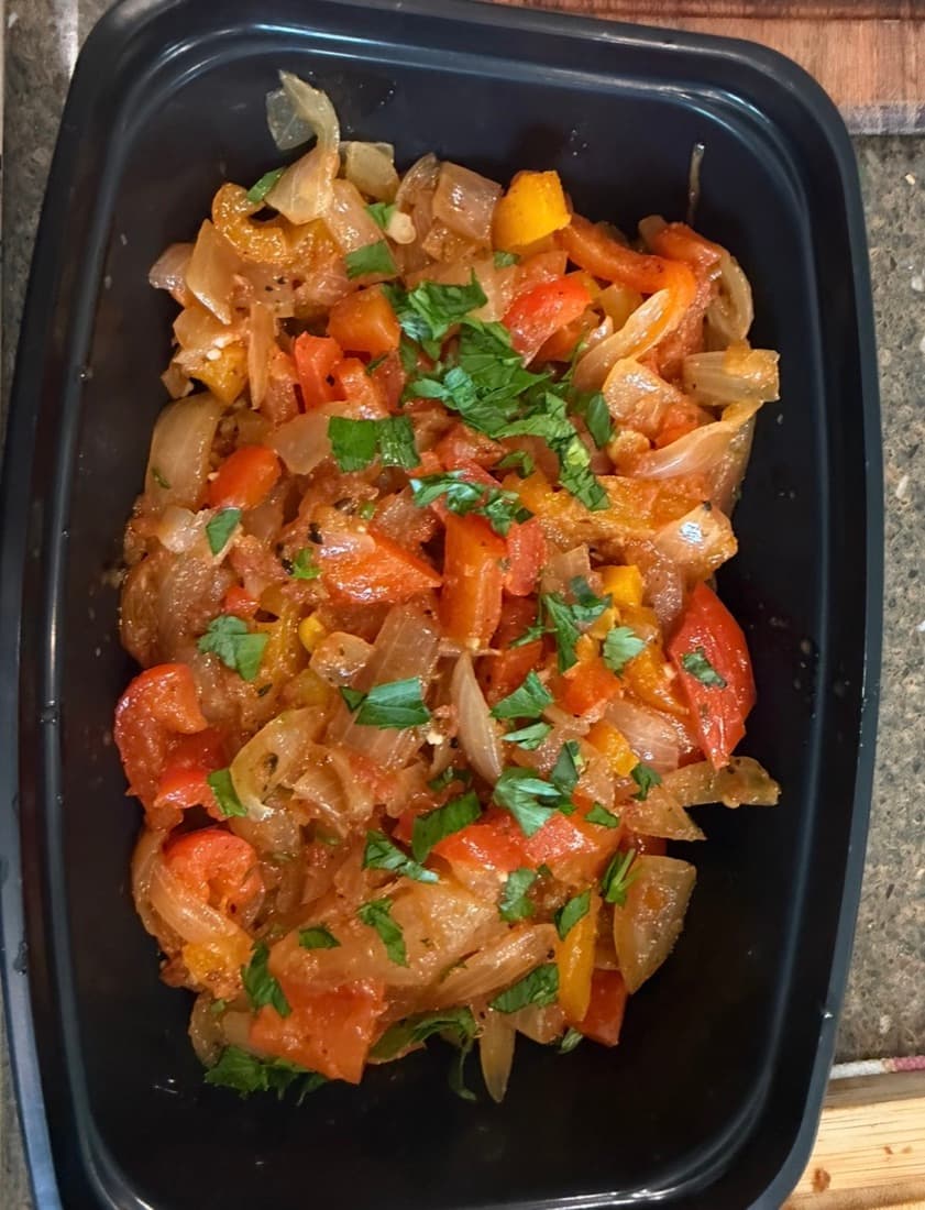 Slow cooked peppers and onions